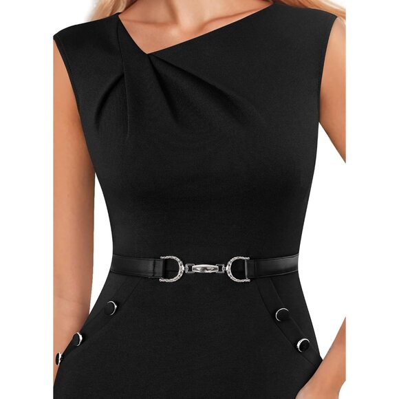 Women's Cocktail Dress Sleeveless Pleated Asymmetric Neck Belted Work - Picture 3 of 6
